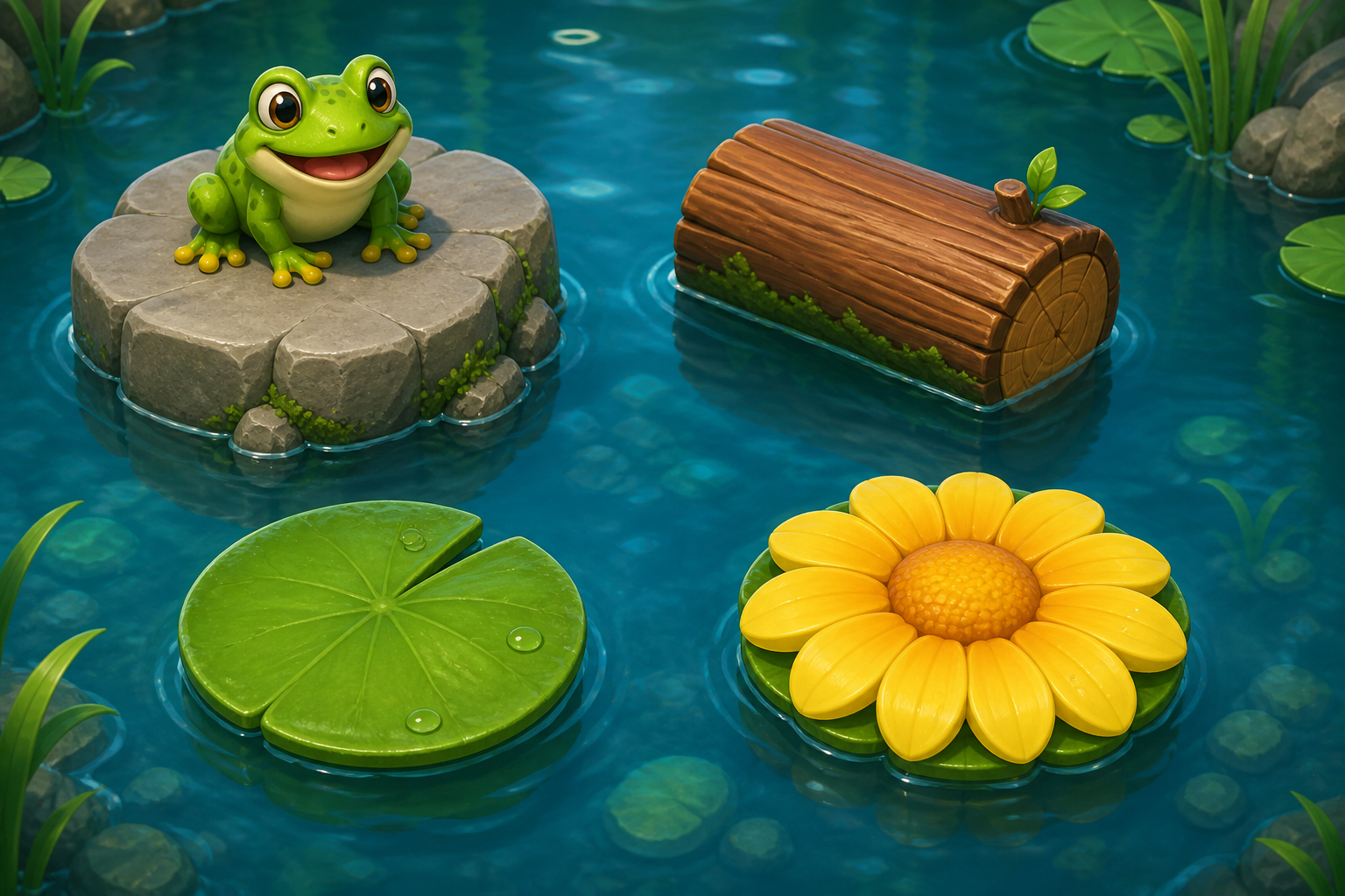 Stone, log, lily pad, and daisy platforms floating on water